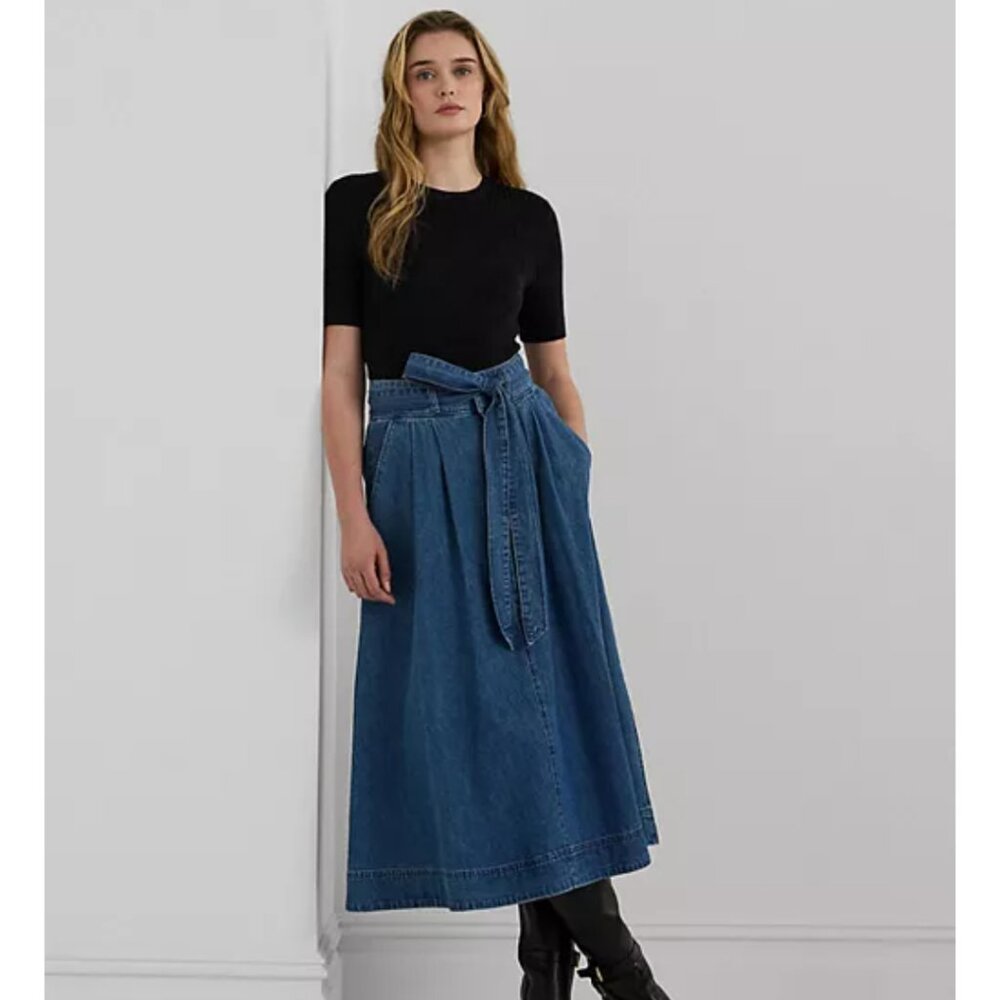 Lauren Ralph Lauren Belted Denim Midi Skirt, Blue, Size 00, 100% cotton